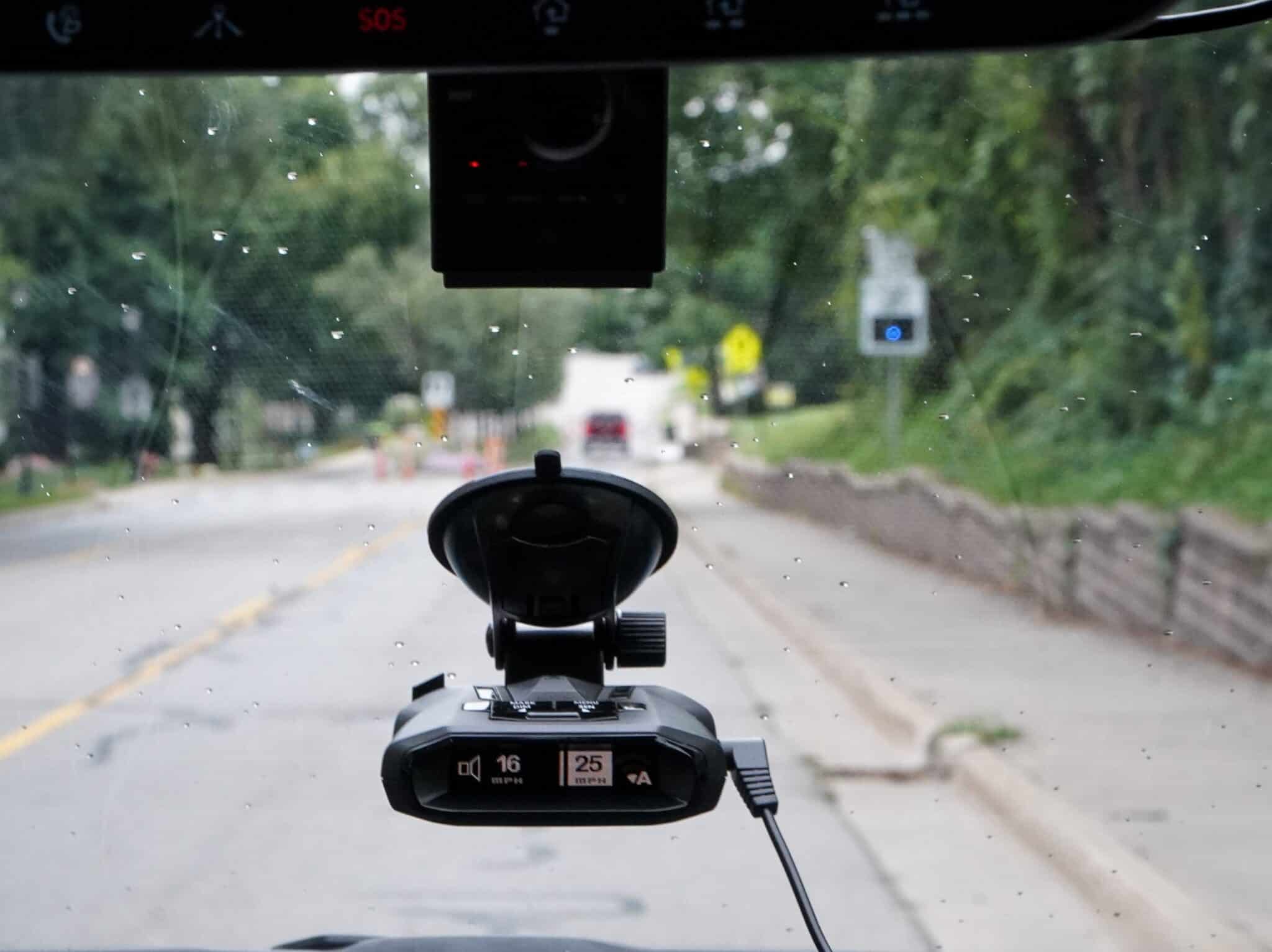 Approaching a digital speed limit sign in Northville, Michigan, with our Cobra RAD 700i.